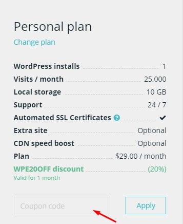 Showing the 20% off wp engine discount code