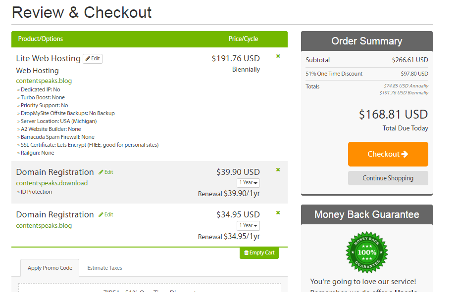 a2 hosting deals Order summary page