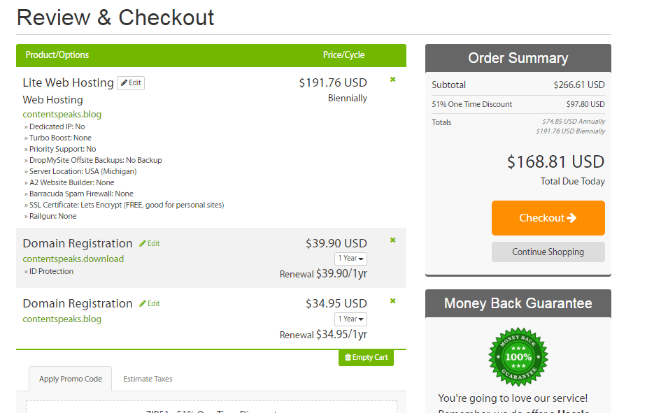 A2 hosting checkout page