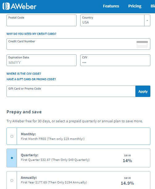 Completing the billing information after applying the aweber coupon