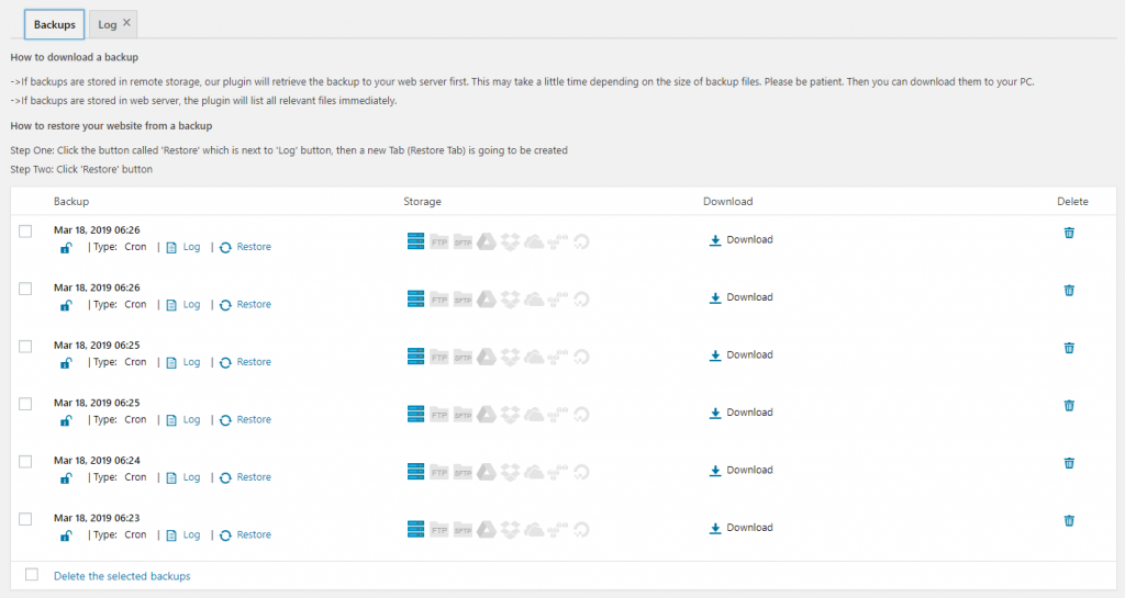 Showing all backups made by admin