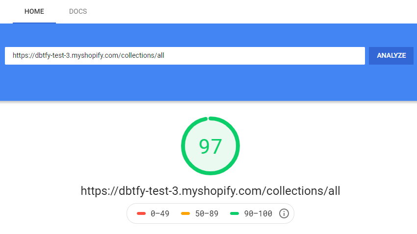 debutify theme speed Test results by Google speed check tool