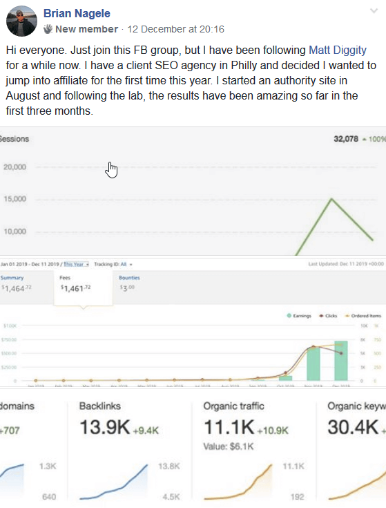 affiliate course student shares the stats income report and website traffic.