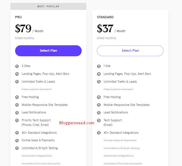 leadpages plan pricing with features
