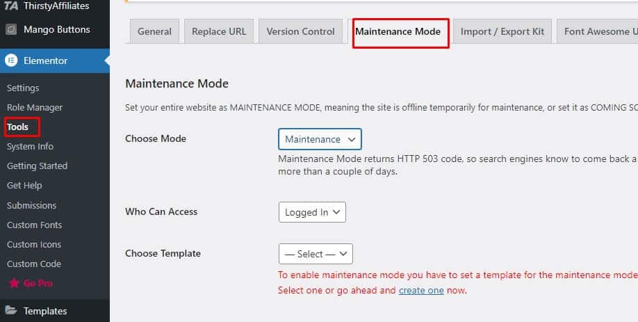 Elementor maintenance mode settings for keeping the site under construction or maintenance.