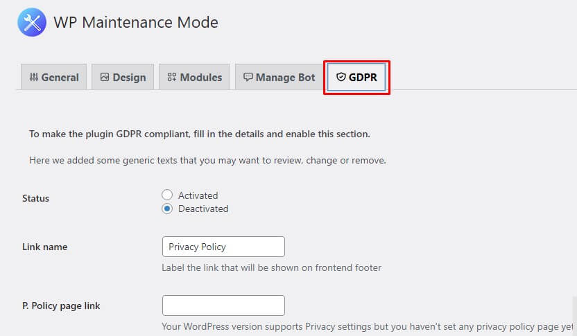 Wp maintanance mode gdpr