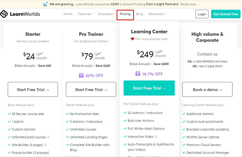 learnworlds pricing structure
