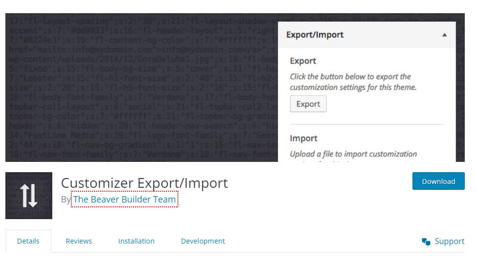 customizer export import plugin