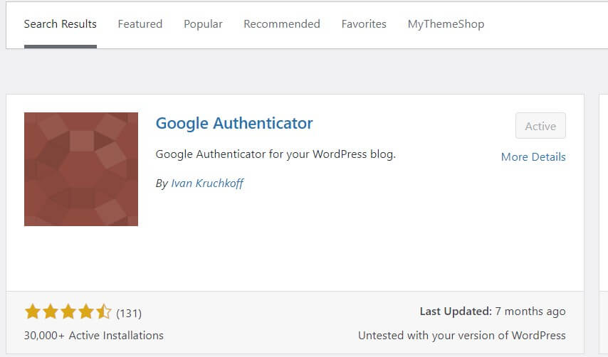 WordPress plugin showing the Google Authenticator security plugin