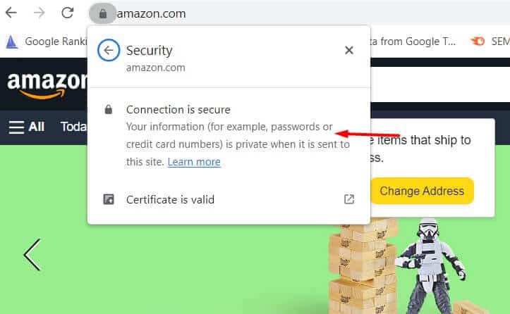 Amazon is using the SSL certificate and it is showing that the connection is secure for users and the certificate is valid