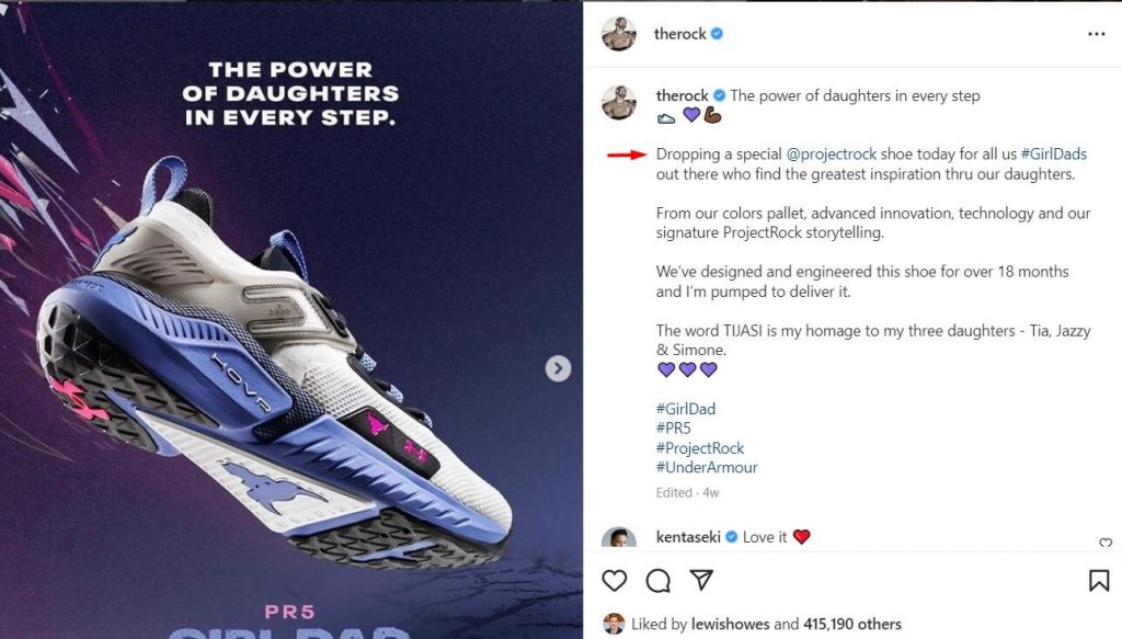 The rock shoutouts the projectrock shoe on his instagram profile.