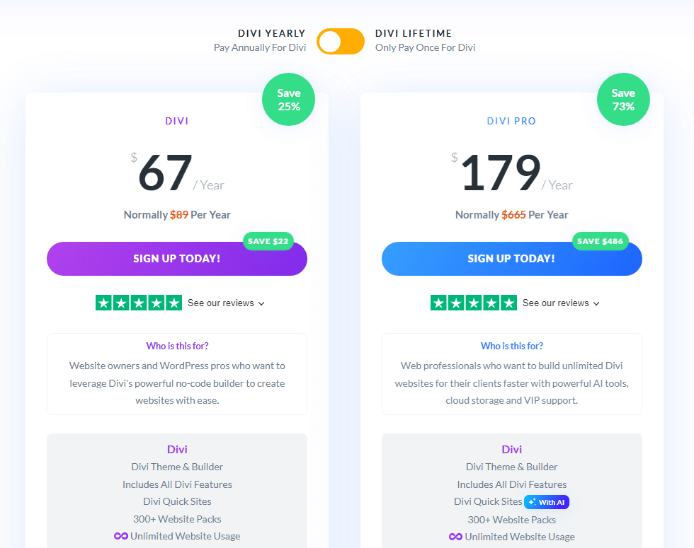 Divi Yearly or Lifietime Plan Selection