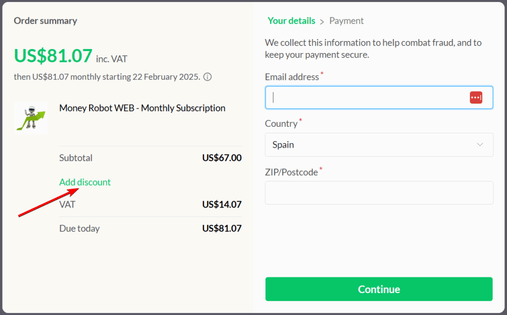 Coupon code applying page to get money robot web monthly subscription