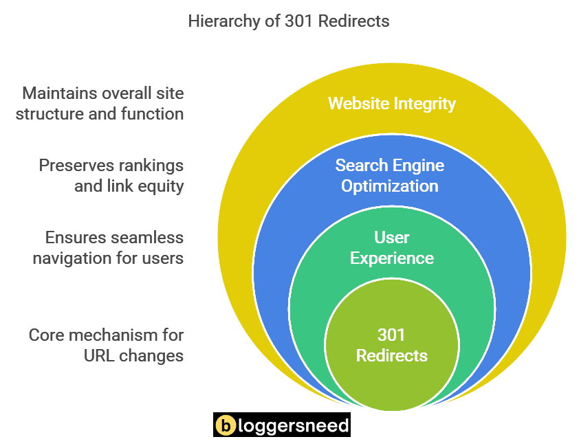 Diagram showing the Hierarchy of 301 Redirects to preserve SEO link juice.