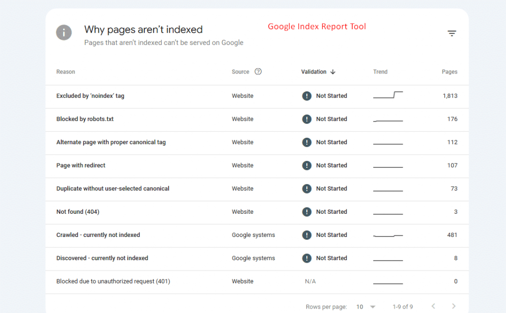 Google index report tool