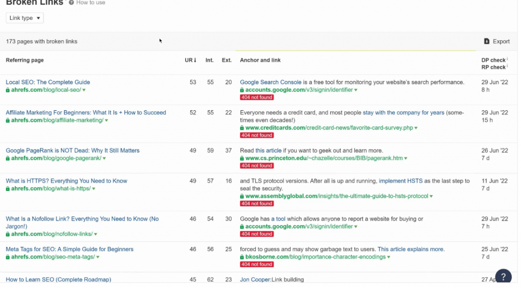 Ahrefs outgoing broken links report