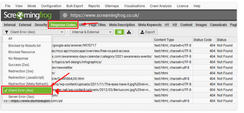 Screaming frog 404 links