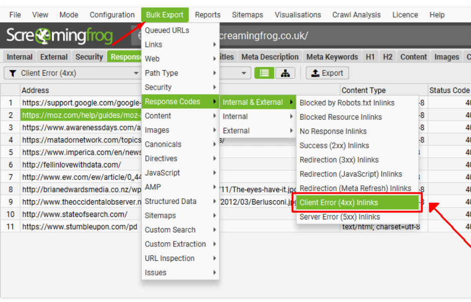 Screaming frog bulk export 404 inlinks