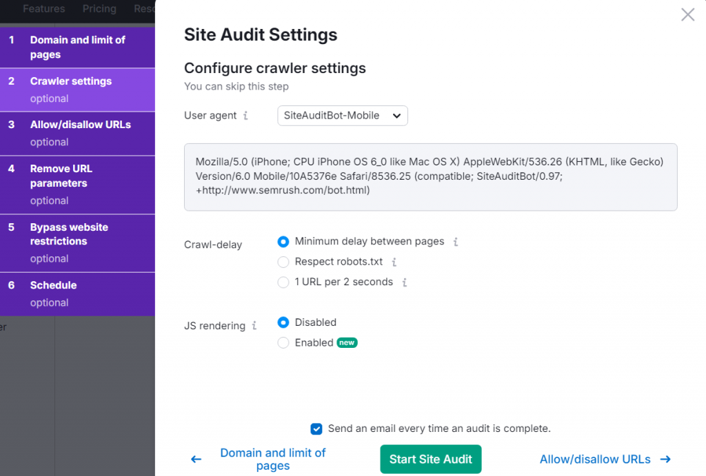 Semrush site audit settings