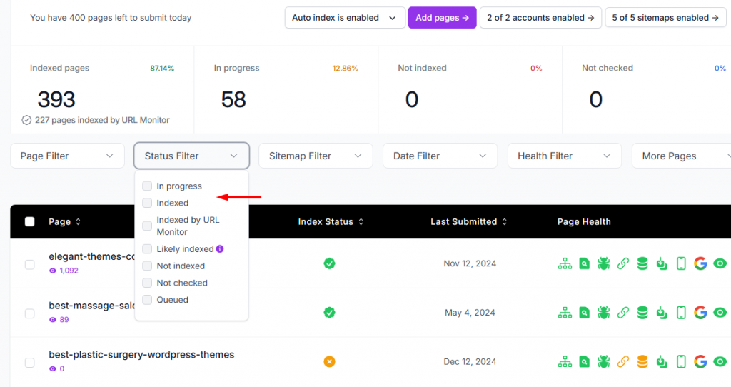 Url monitor status filter