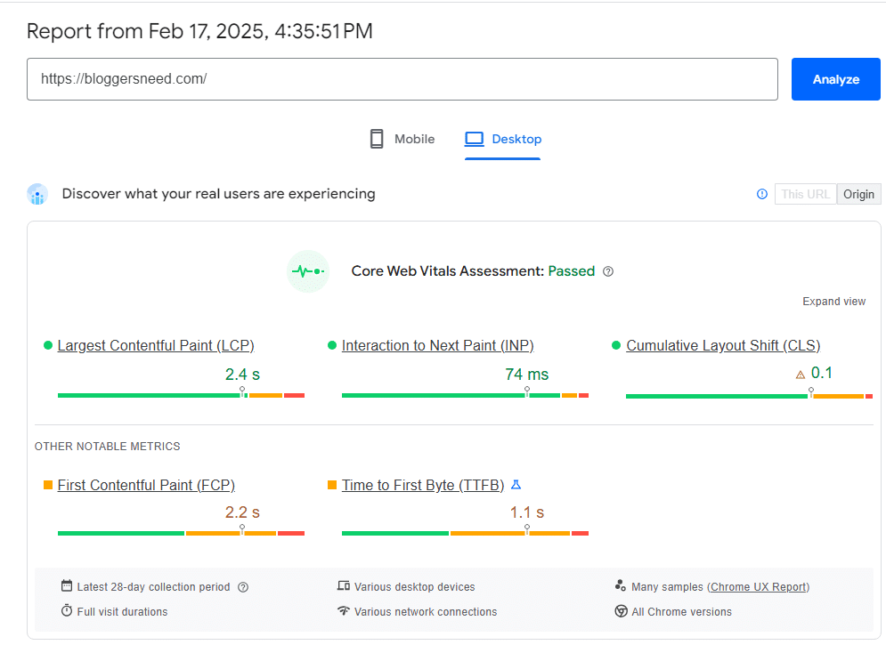 Google speed test report