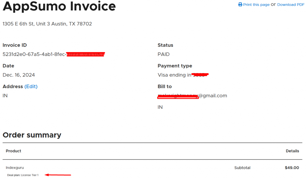 Indexguru appsumo invoice