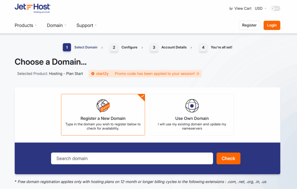 Jethost domain registering page