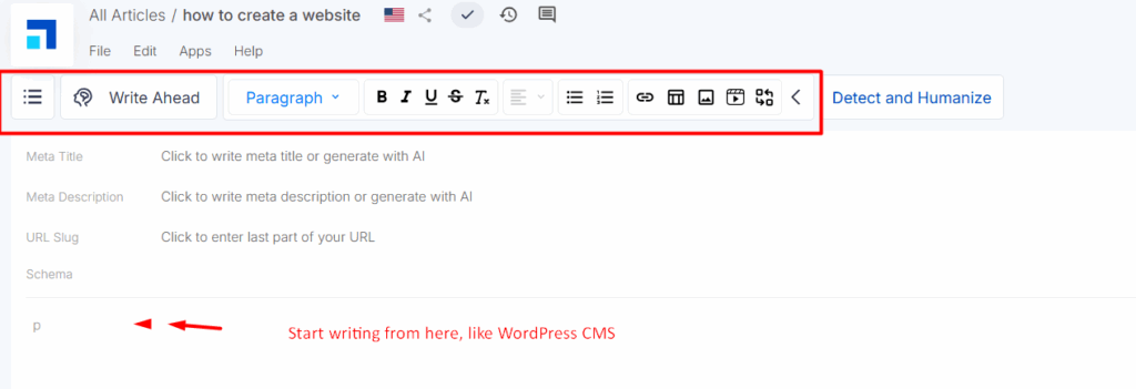 Scalenut conten writing interface