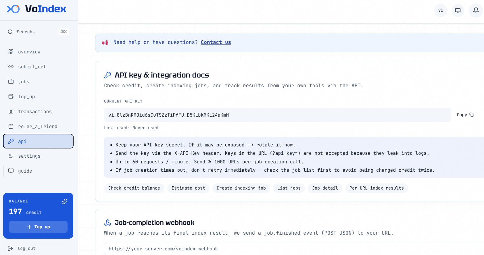 Voindex rest api key and webhook configuration
