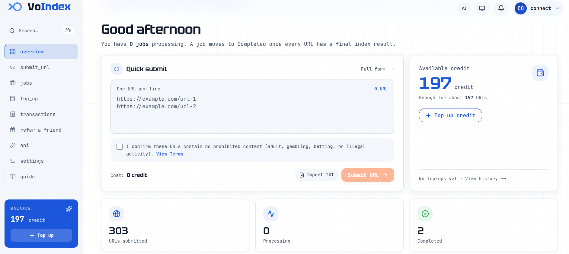 Voindex dashboard overview and url submit form