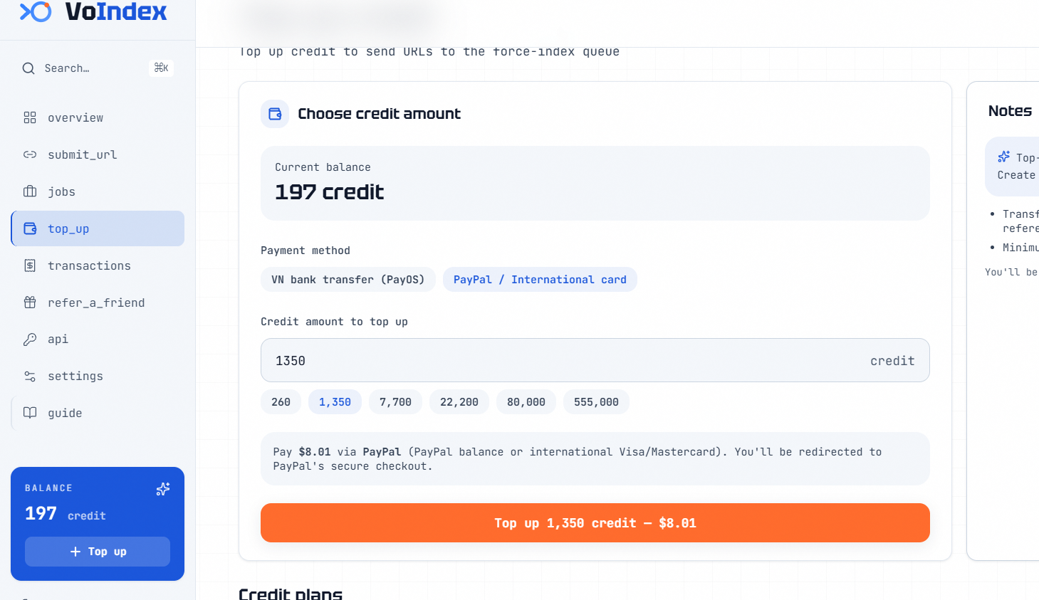Voindex credit packages and pricing top-up